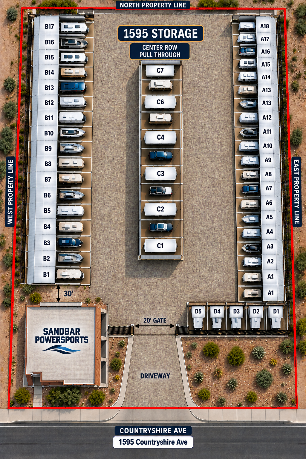Site plan of 1595 Storage RV, boat and trailer storage facility in Lake Havasu City Arizona